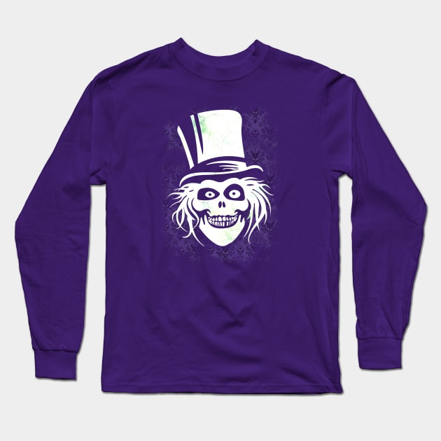 Hatbox Ghost With Grungy Haunted Mansion Wallpaper Long Sleeve T-Shirt by wyckedguitarist